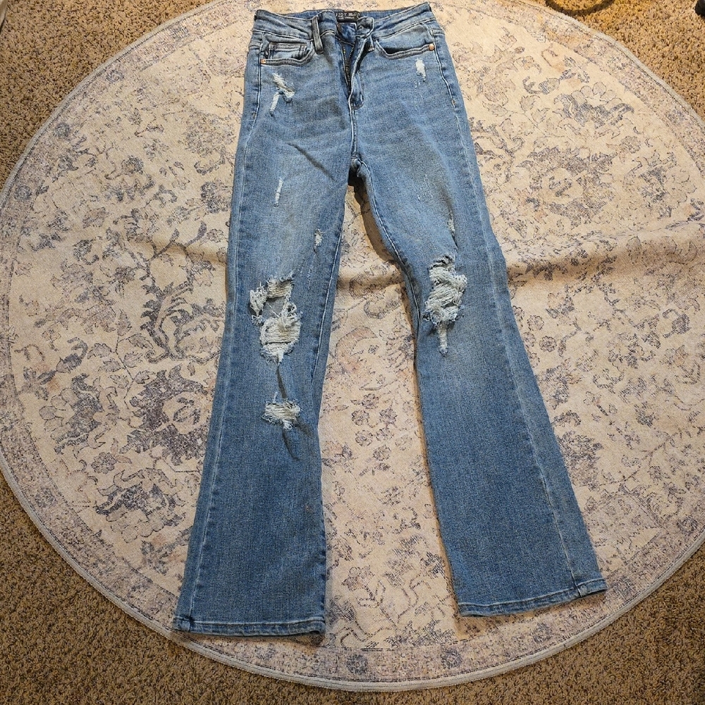Judy Blue Ripped Flare Jeans in Denim Blue